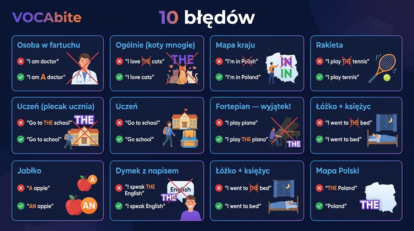 10 błędów Polaków z przedimkami — plakat: I am doctor, I love THE cats, A apple, I speak THE English, I went to THE bed