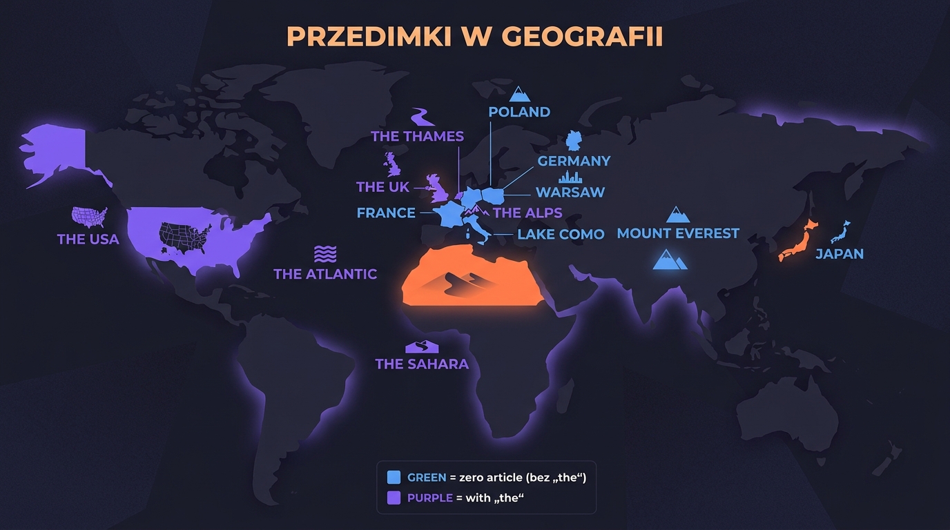 Przedimki w geografii — mapa świata: kraje bez the (Poland), kraje z the (USA, UK), rzeki/oceany/łańcuchy gór z the