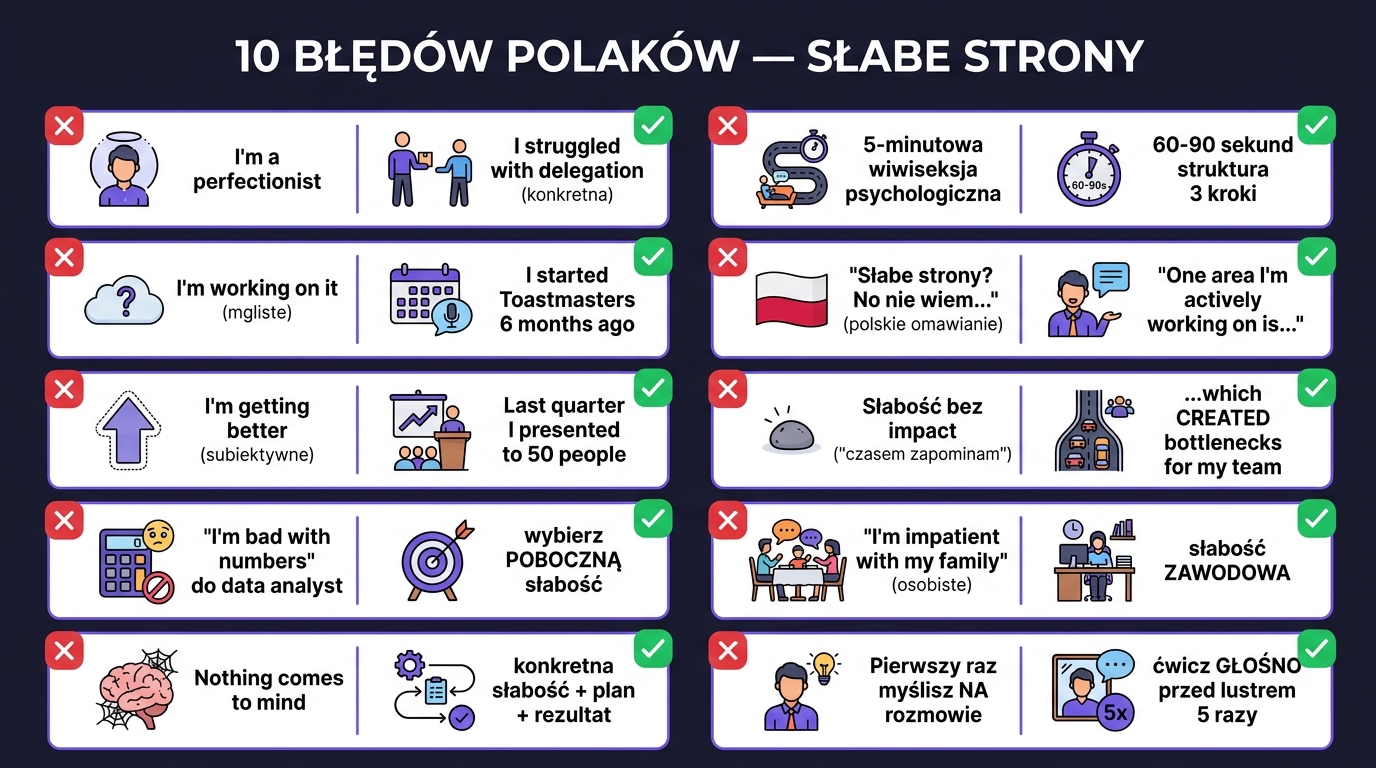 10 błędów Polaków przy słabych stronach — plakat z parami błąd/poprawa: I'm a perfectionist vs I struggled with delegation, I'm working on it vs I started Toastmasters, I'm getting better vs presented to 50 people