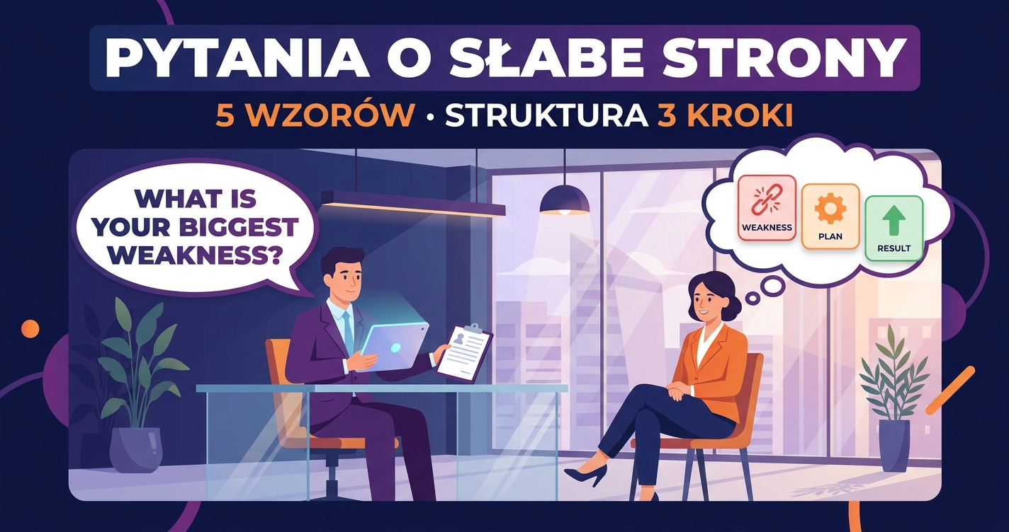 Pytania o słabe strony po angielsku — rozmowa kwalifikacyjna z dymkiem 'What is your biggest weakness?' i 3 ikonami struktury Weakness/Plan/Result