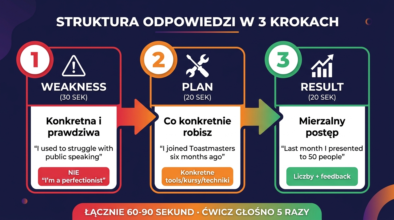 Struktura odpowiedzi w 3 krokach — flowchart: Weakness (30 sek, czerwony) → Plan (20 sek, pomarańczowy) → Result (20 sek, zielony), łącznie 60-90 sekund