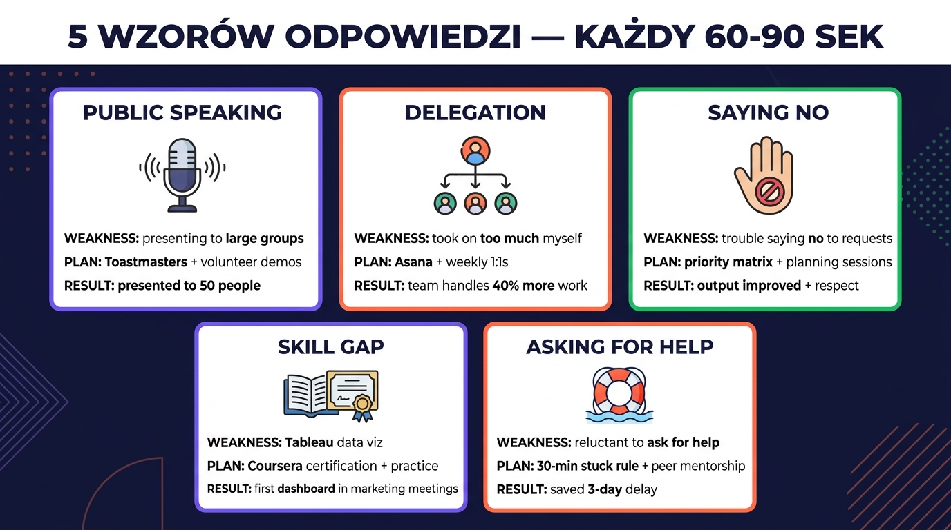 5 wzorów odpowiedzi po 60-90 sekund — karty z Weakness/Plan/Result dla: public speaking (Toastmasters), delegation (Asana 40%), saying no (priority matrix), skill gap (Tableau), asking for help (3-day delay)