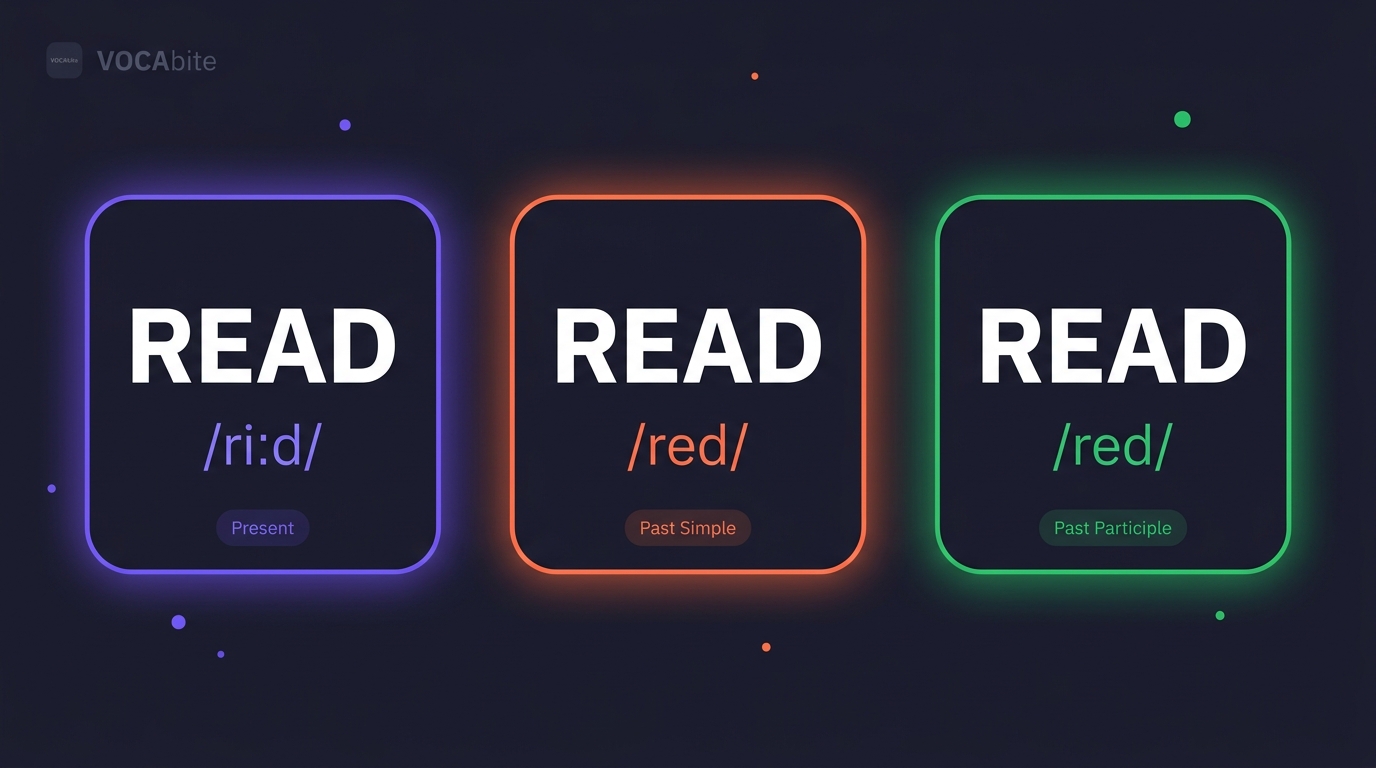 Read Read Read — 3 takie same słowa READ z 3 różnymi wymowami w nawiasach IPA: /riːd/, /red/, /red/