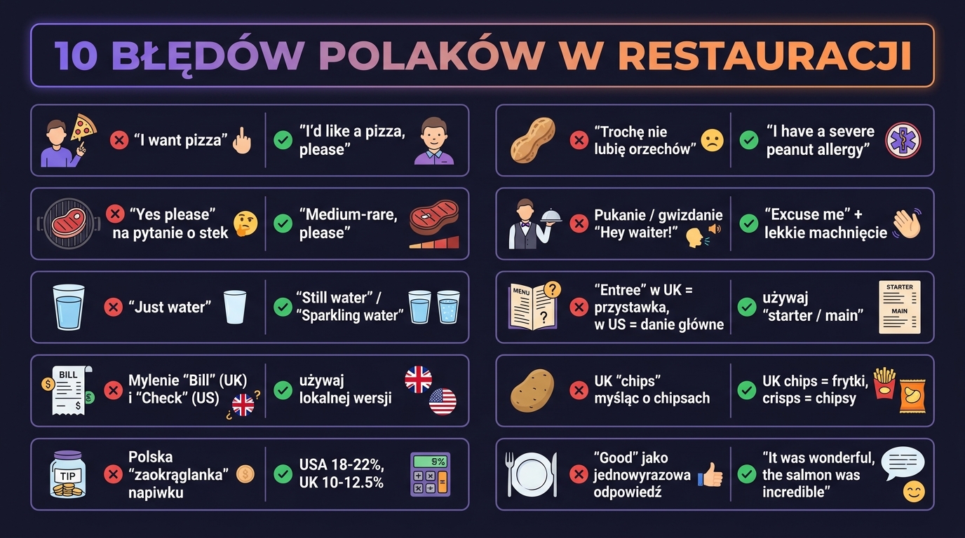 10 błędów Polaków w restauracji — plakat z parami błąd/poprawa: I want vs I'd like, Yes please vs medium-rare, Just water vs Still/Sparkling, alergia vs severe peanut allergy, polska zaokrąglanka napiwku