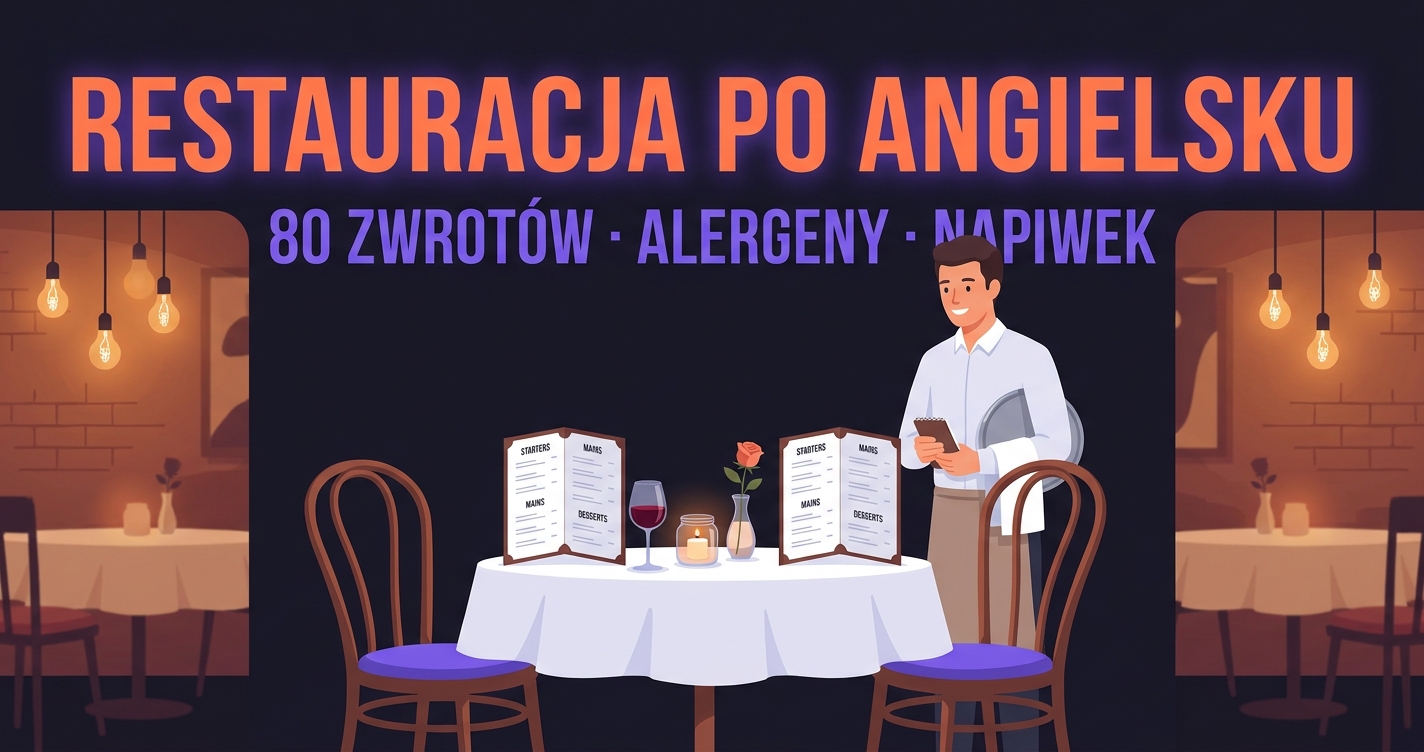 Restauracja po angielsku — bistro stolik z menu (Starters/Mains/Desserts), kieliszek wina, świeczka, kelner z notesem w tle