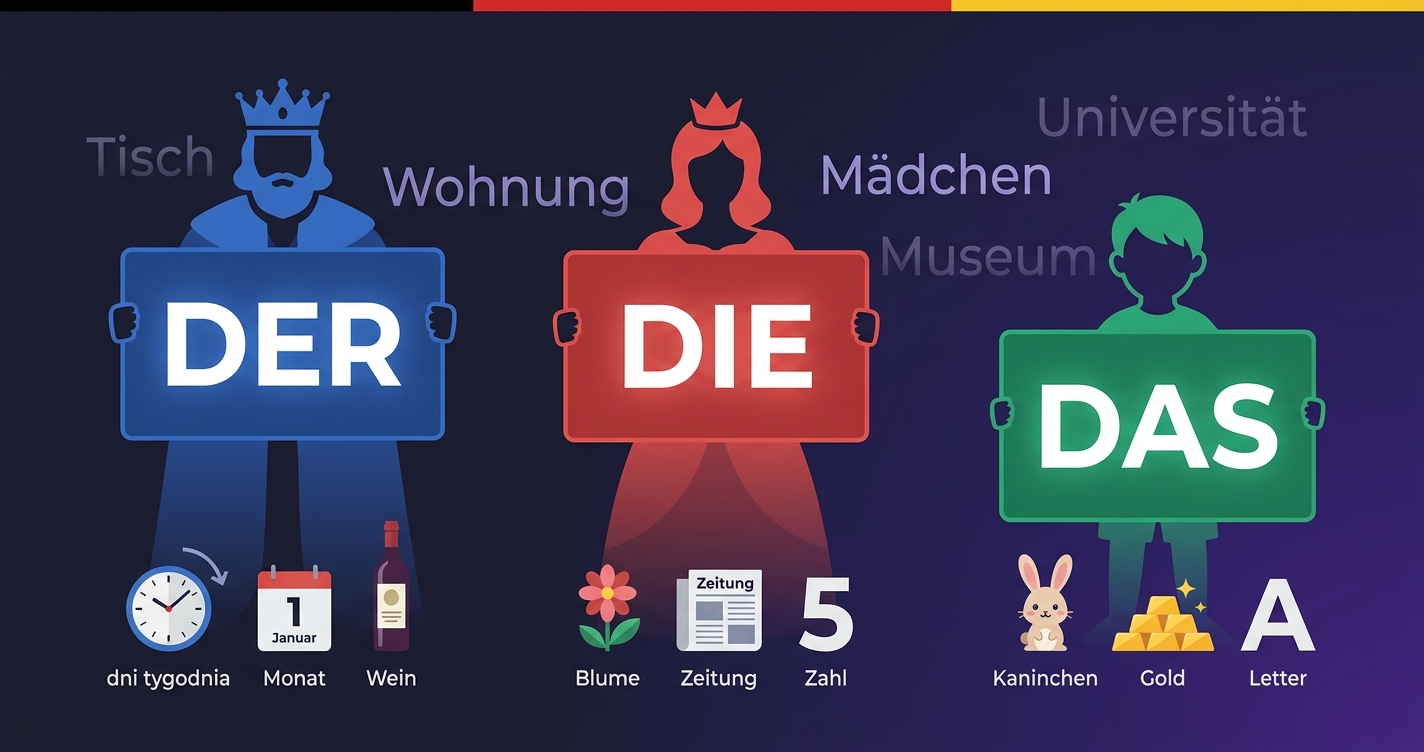 Rodzajniki niemieckie der die das — trzy postacie (król, królowa, dziecko) symbolizujące rodzaj męski, żeński i nijaki