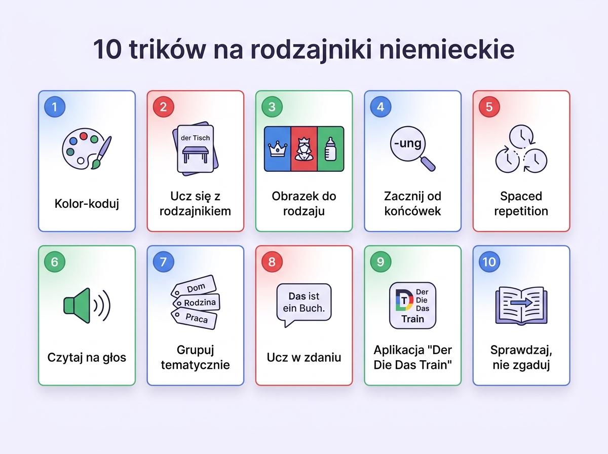 10 trików na zapamiętanie niemieckich rodzajników — kolor-kodowanie, spaced repetition, fiszki, obrazki król/królowa/dziecko