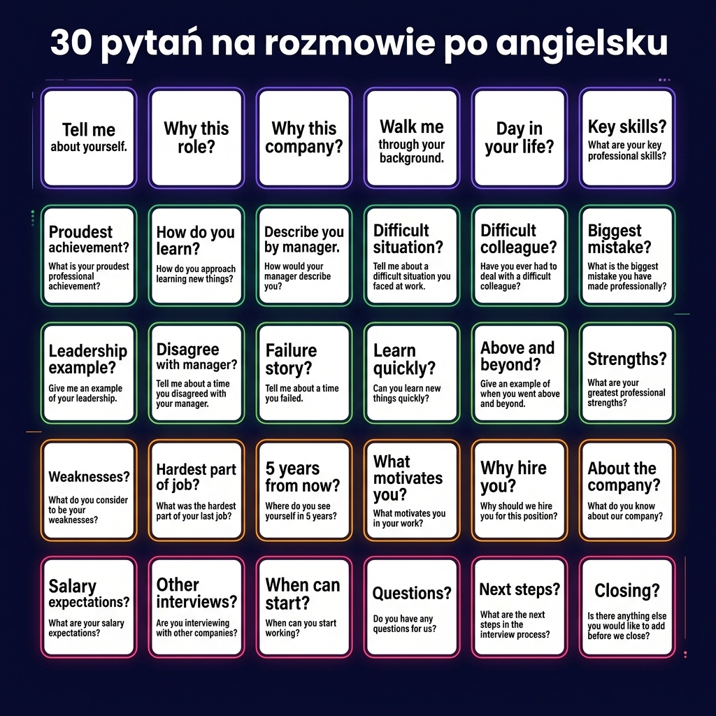 30 najczęstszych pytań na rozmowie po angielsku — Tell me about yourself, Why this role, What are your strengths, Where do you see yourself in 5 years