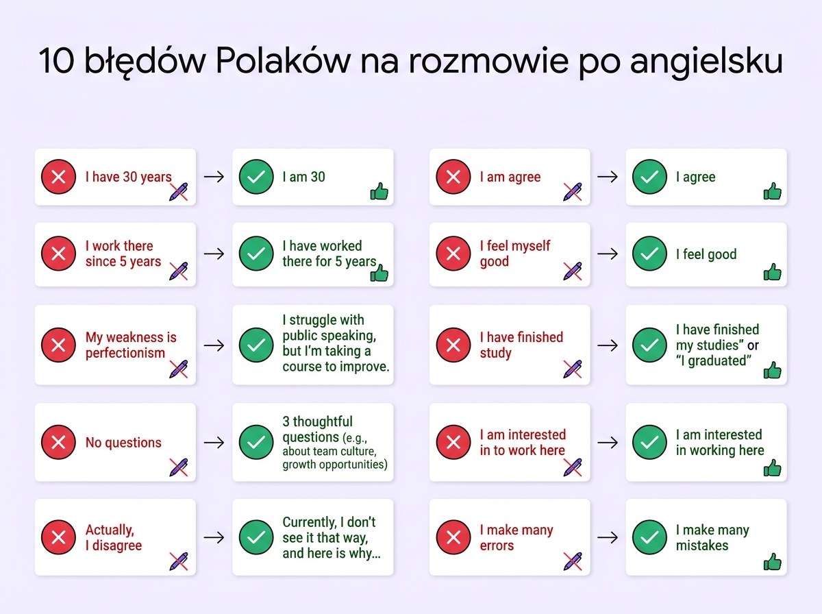 10 najczęstszych błędów Polaków na rozmowie kwalifikacyjnej po angielsku — I have 30 years, perfekcjonizm, Actually