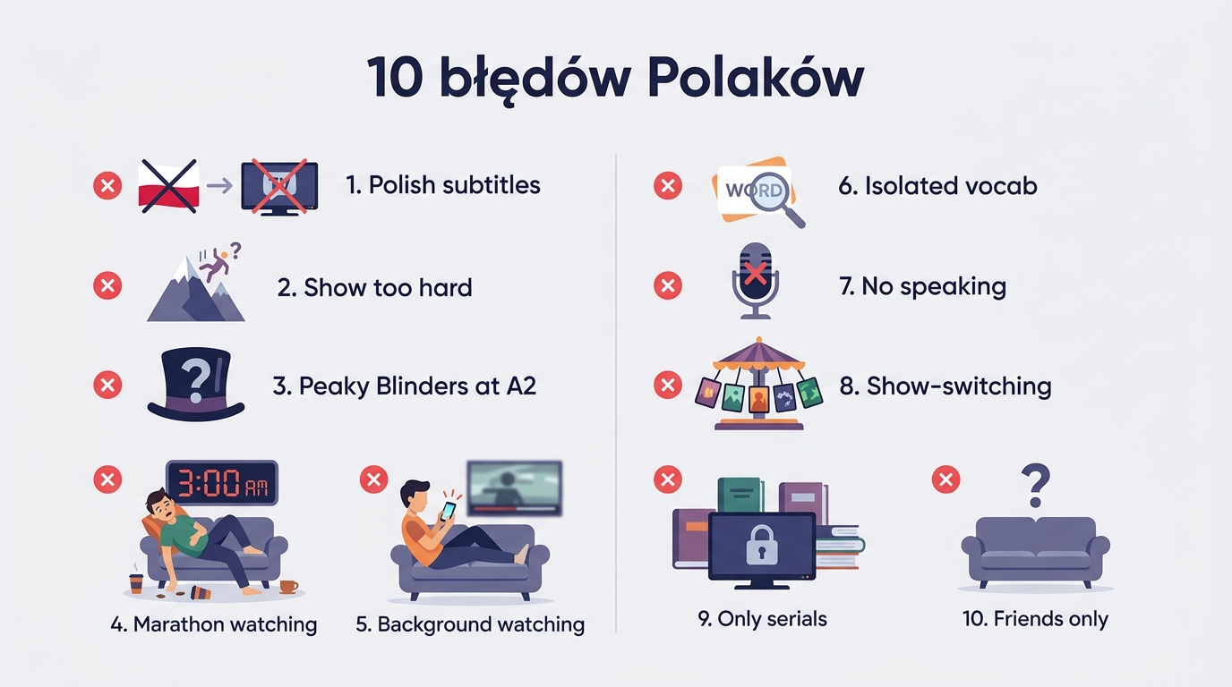 10 błędów Polaków uczących się z serialami — plakat z ikonami: polskie napisy, za trudny serial, maraton, tło, brak mówienia