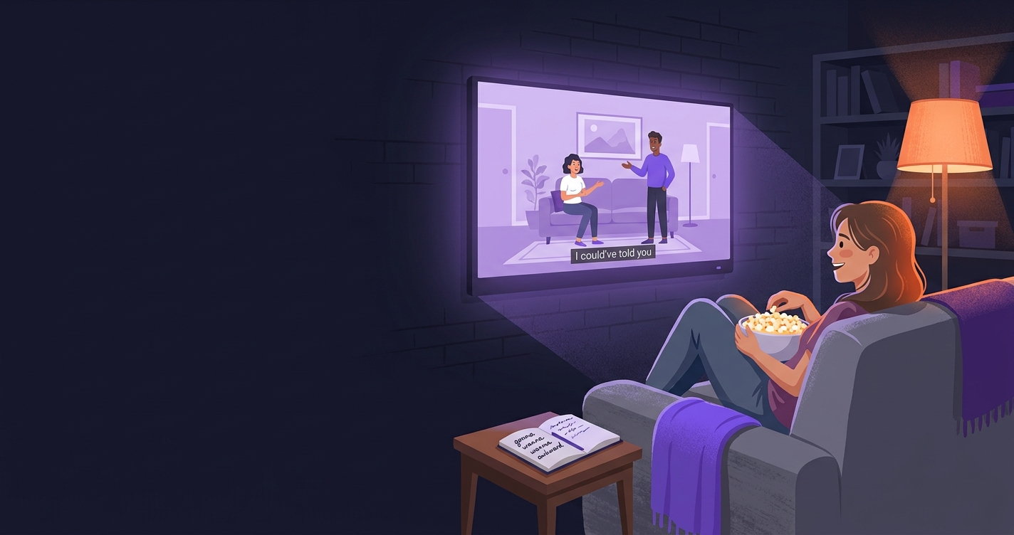 Seriale do nauki angielskiego — kobieta na kanapie ogląda serial z notatnikiem i popcornem, napisy po angielsku