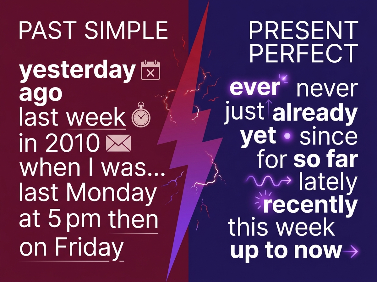 Signal words Past Simple vs Present Perfect — yesterday, ago, last week po lewej; ever, never, just, already, yet, since, for po prawej