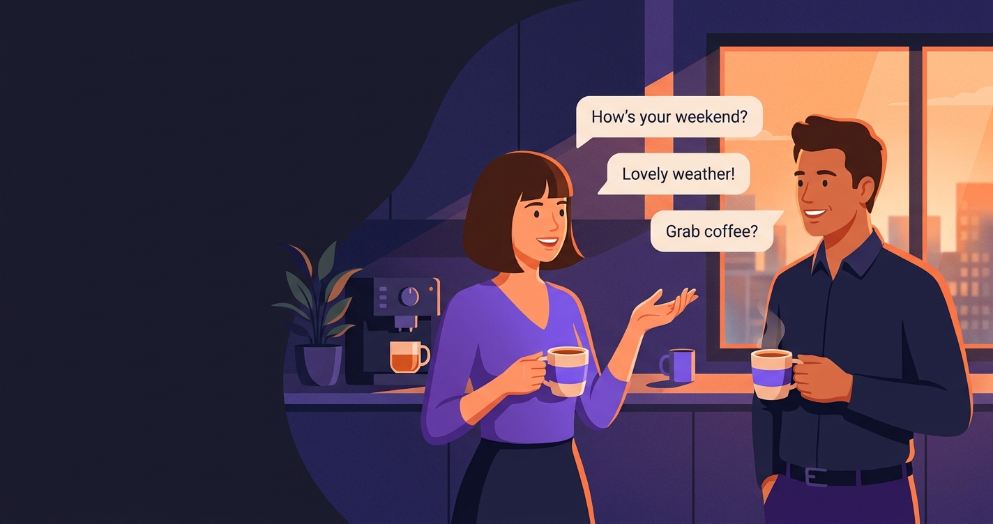 Small talk po angielsku — dwoje kolegów z kawą w kuchni biurowej, dymki ze zwrotami How's your weekend, Lovely weather, Grab coffee