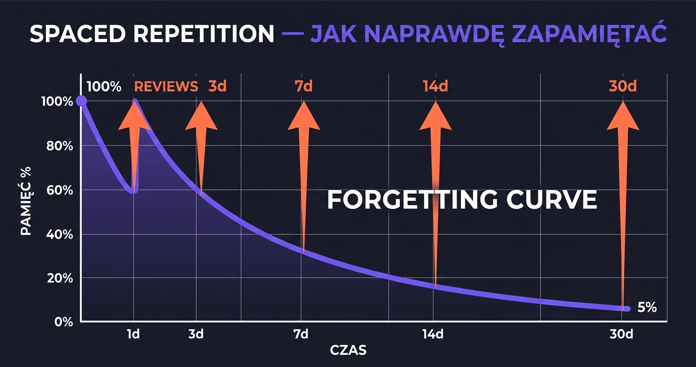 Spaced repetition — krzywa zapominania Ebbinghausa z odwracającymi powtórkami SRS w 5 odstępach