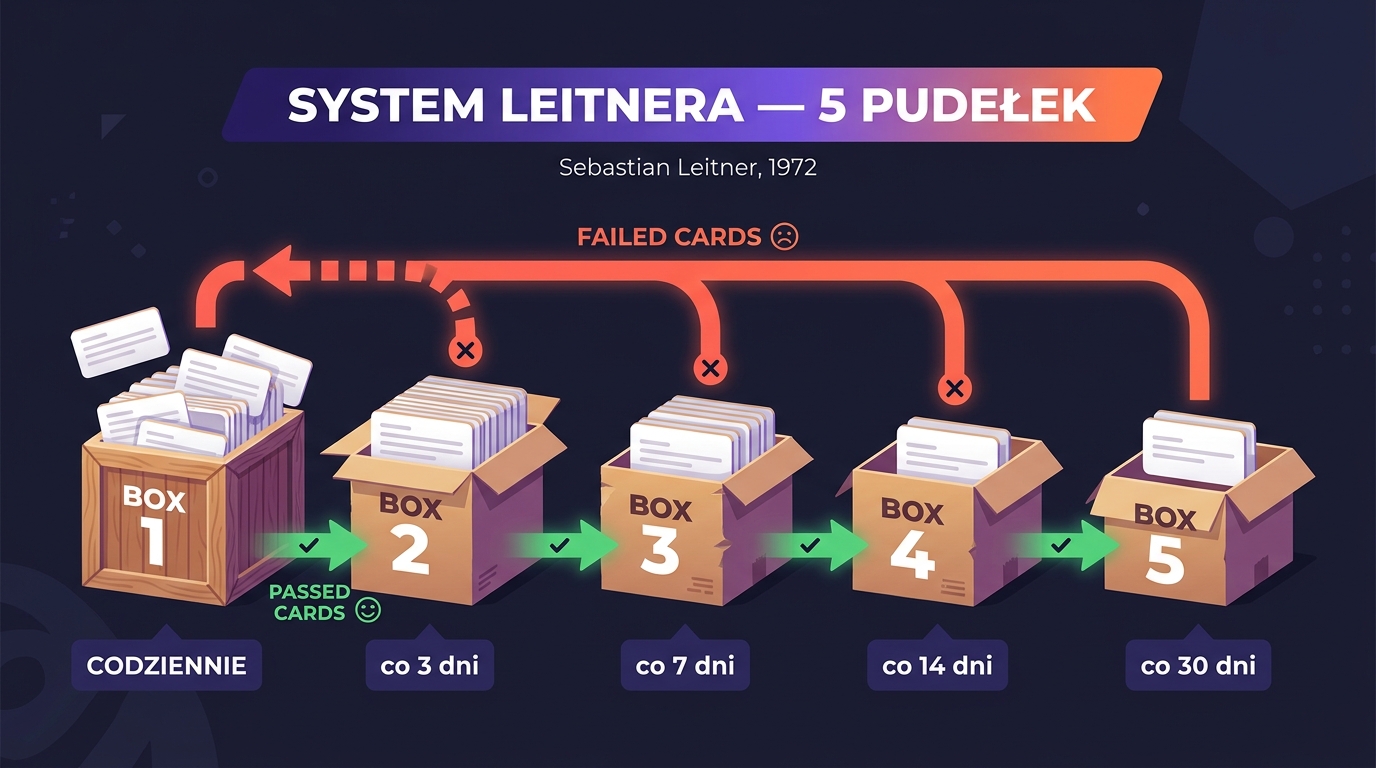 System Leitnera — 5 pudełek z fiszkami z rosnącą częstotliwością powtórek (codziennie, 3 dni, 7 dni, 14 dni, 30 dni)