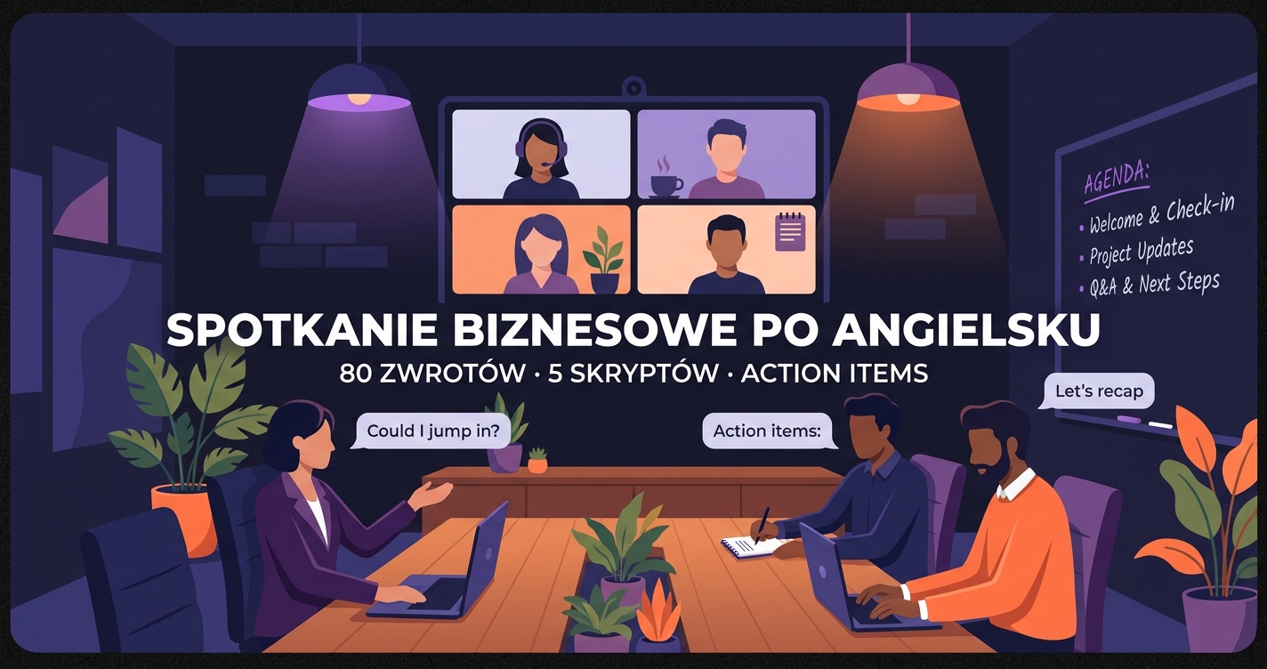 Spotkanie biznesowe po angielsku — nowoczesna sala konferencyjna z laptopami, ekranem z online meetingiem (4 uczestników), agendą na tablicy i dymkami 'Could I jump in?', 'Action items:', 'Let's recap'