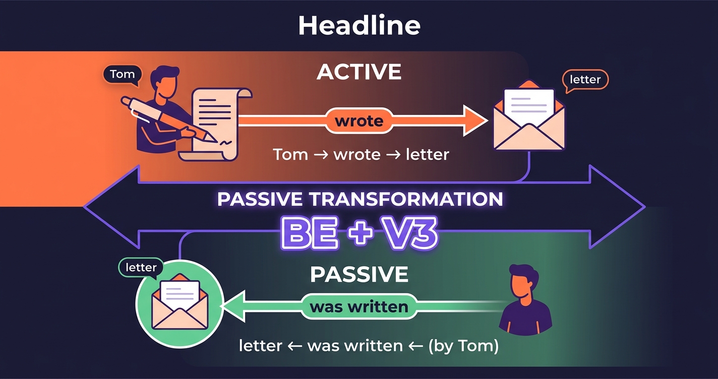 Strona bierna — schemat active vs passive z transformacją zdania Tom wrote the letter → The letter was written