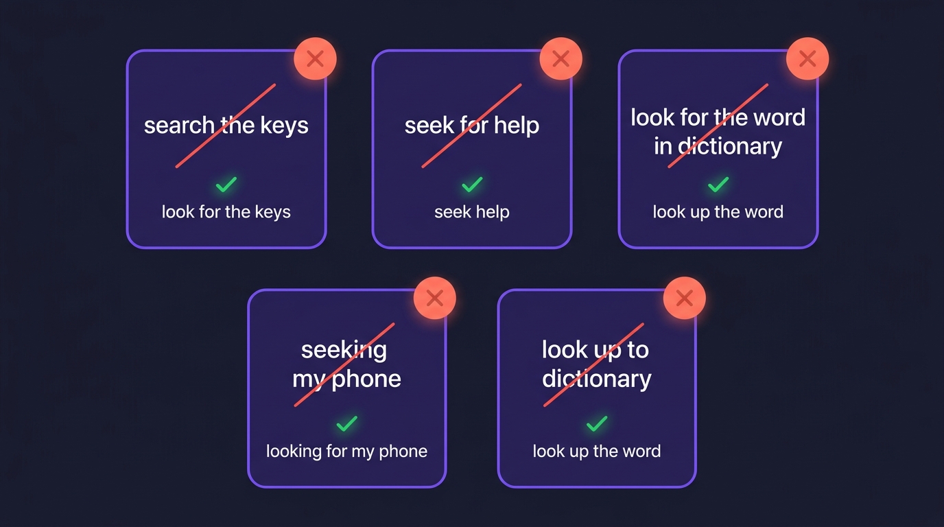 Pięć najczęstszych błędów Polaków przy look for / search / seek / look up — kafelki z czerwonymi przekreśleniami i zielonymi poprawkami