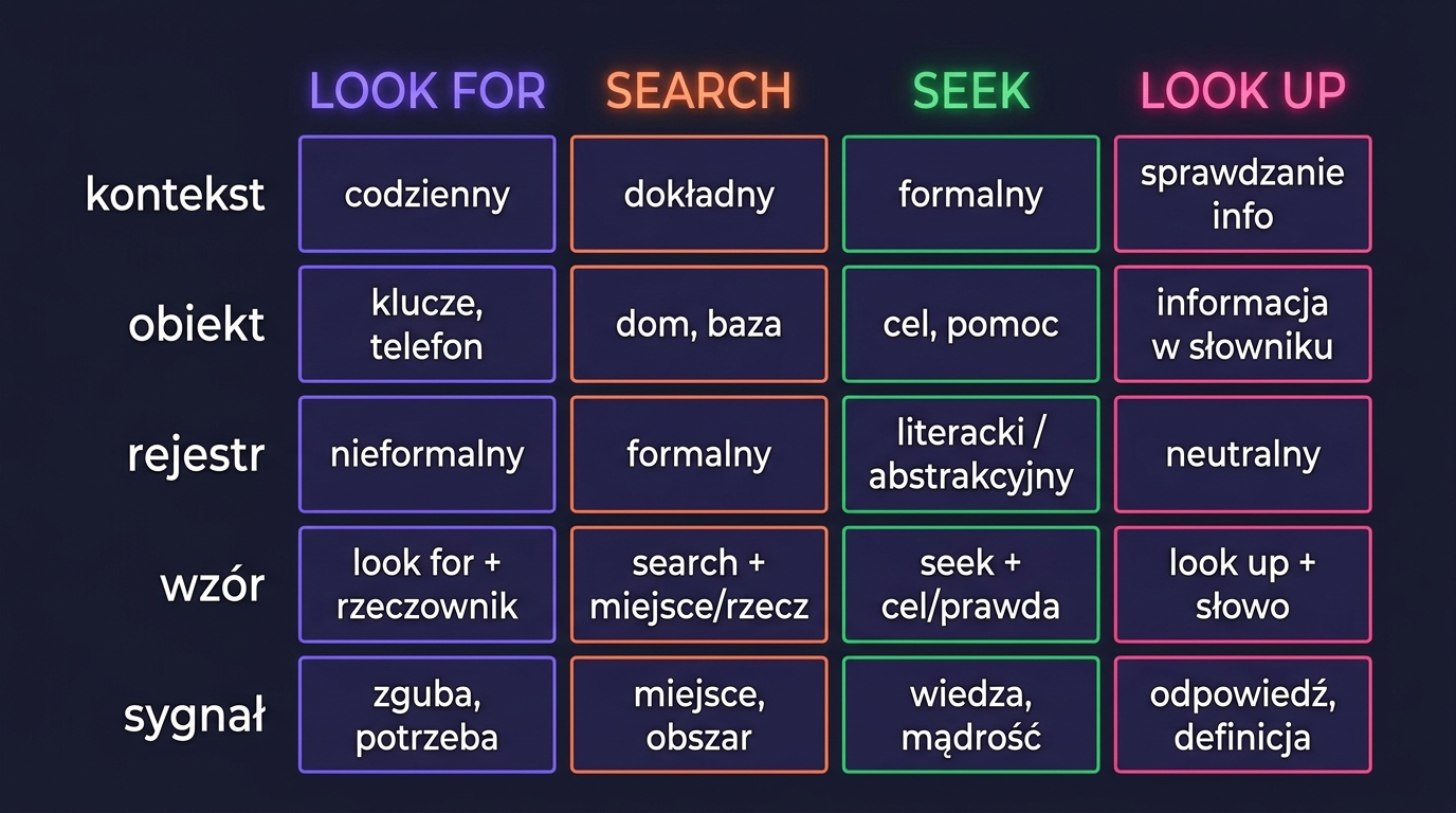Tabela porównawcza Look for / Search / Seek / Look up — pięć wymiarów: kontekst, obiekt, rejestr, wzór, sygnał