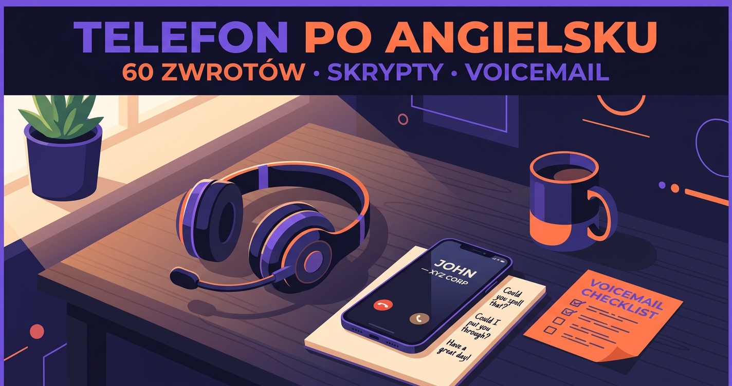 Telefon po angielsku — biurko z headsetem, smartfonem z incoming call John XYZ Corp i notatnikiem ze zwrotami