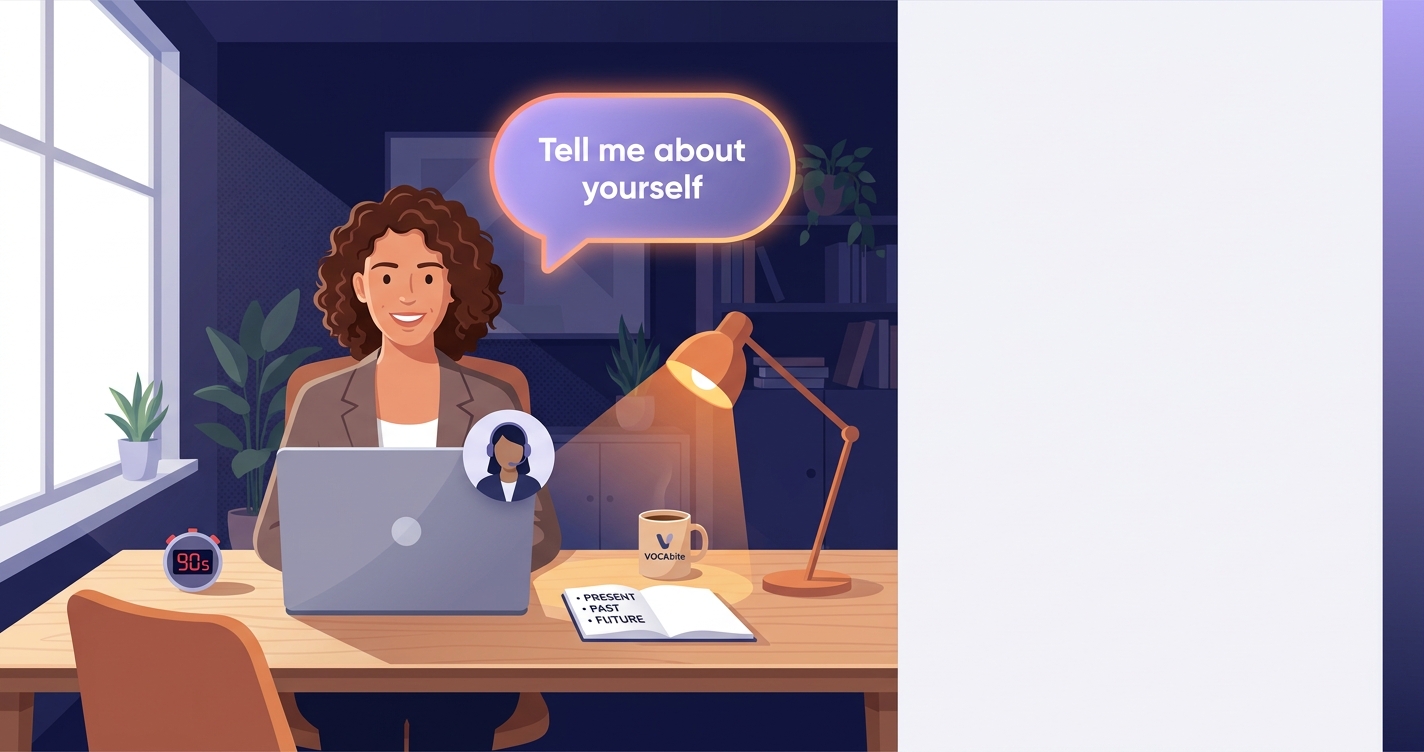 Tell me about yourself — kandydat przy video-call ze stoperem 90 sekund i notatnikiem Present-Past-Future