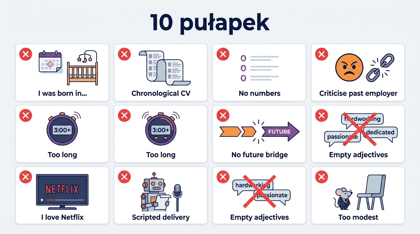 10 pułapek odpowiedzi Tell me about yourself — plakat z ikonami: I was born in, chronologiczne CV, za długo, hobby bez kontekstu, recytowanie