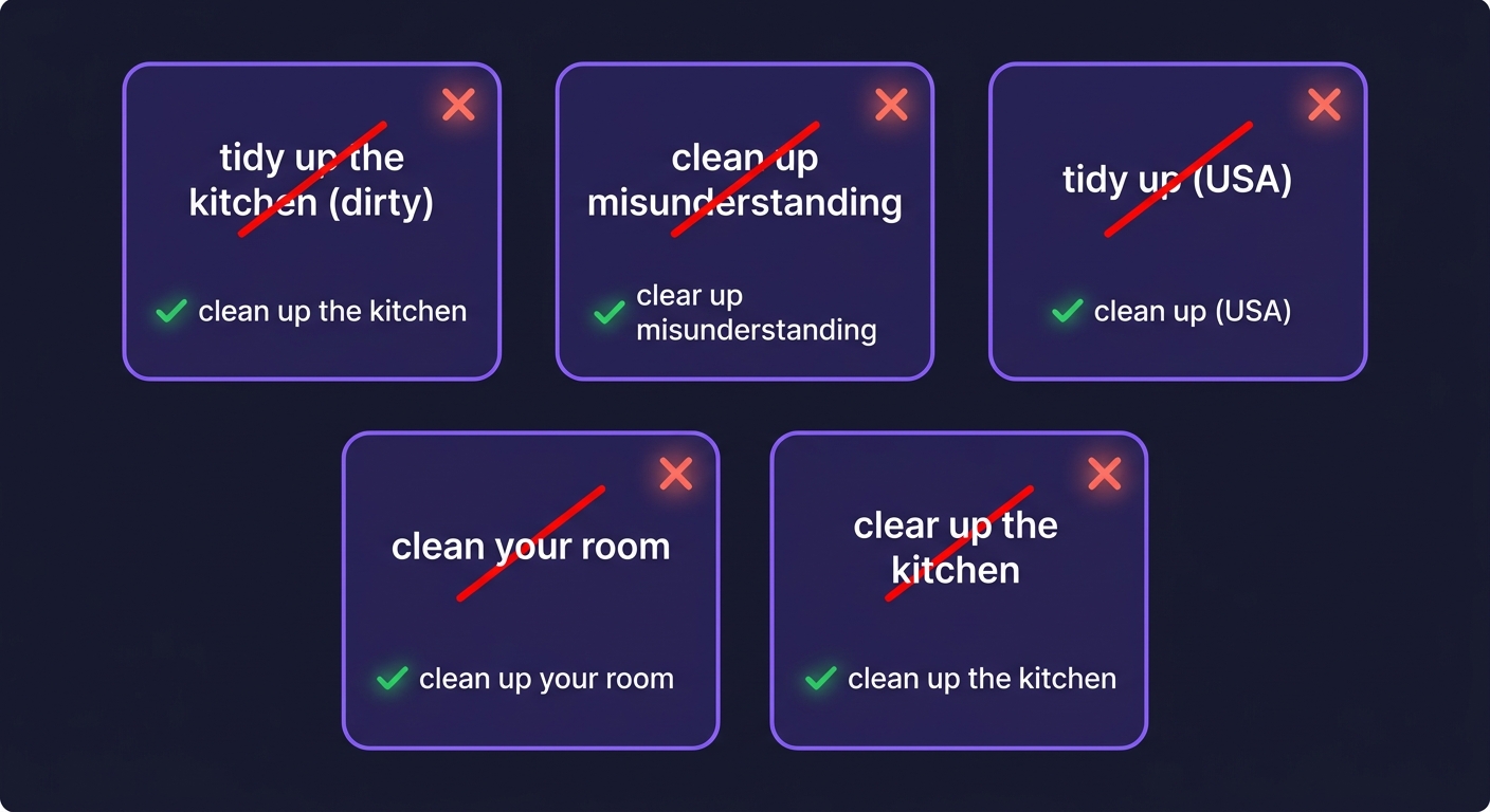 Pięć najczęstszych błędów Polaków przy tidy up / clean up / clear up — kafelki z czerwonymi przekreśleniami i zielonymi poprawkami
