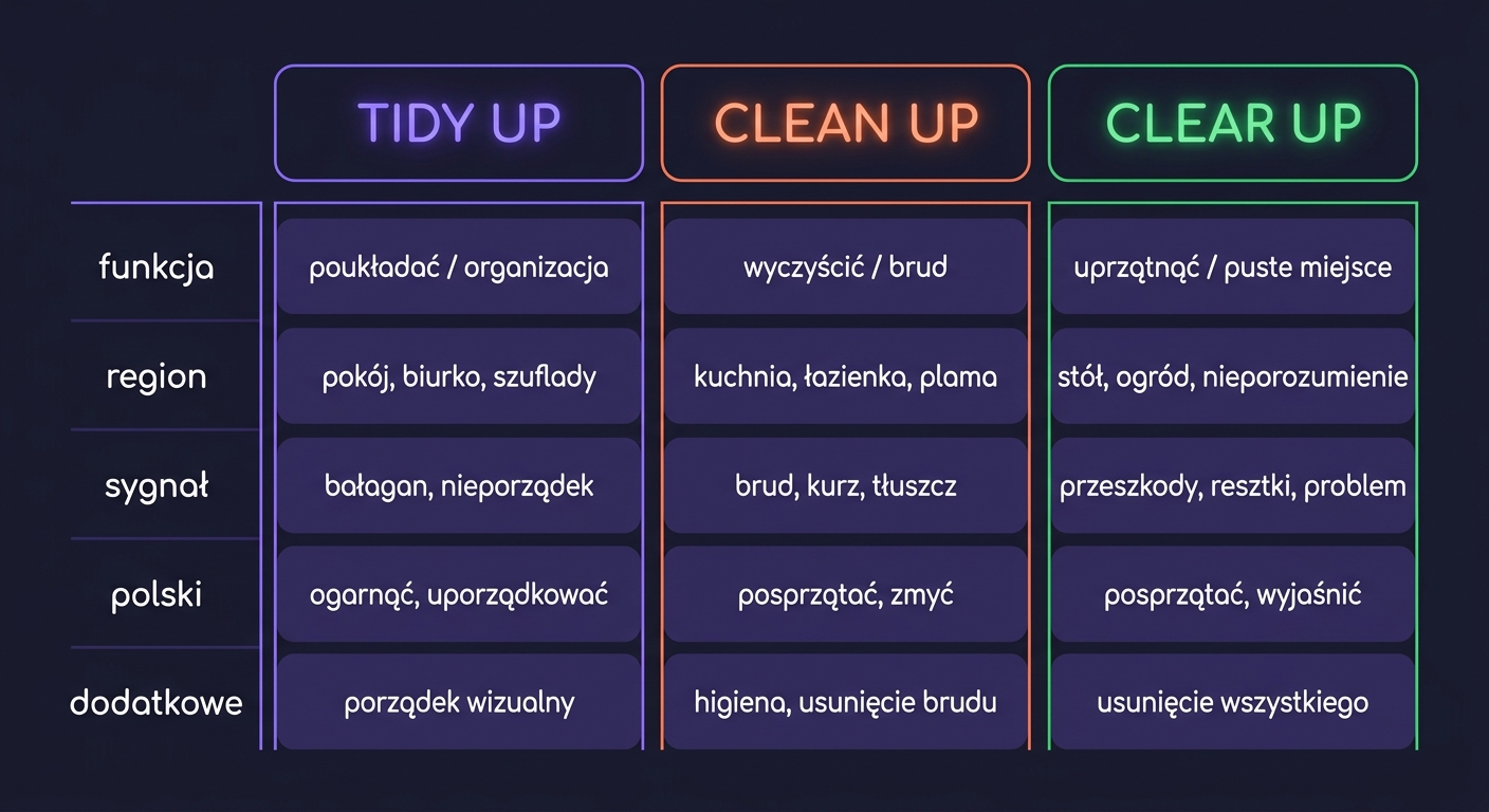 Tabela porównawcza Tidy up / Clean up / Clear up — pięć wymiarów: główna funkcja, region, sygnał, polski odpowiednik, dodatkowe znaczenia