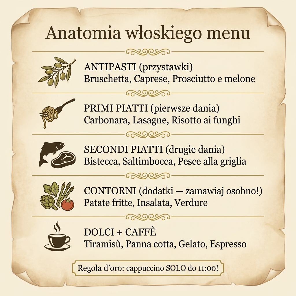 Anatomia włoskiego menu — antipasti, primi piatti, secondi piatti, contorni, dolci, caffè z przykładami dań