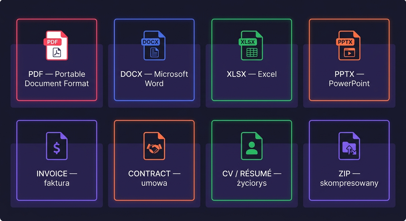 Typy załączników po angielsku — PDF, DOCX, XLSX, ZIP, invoice, contract, CV, report z ikonami
