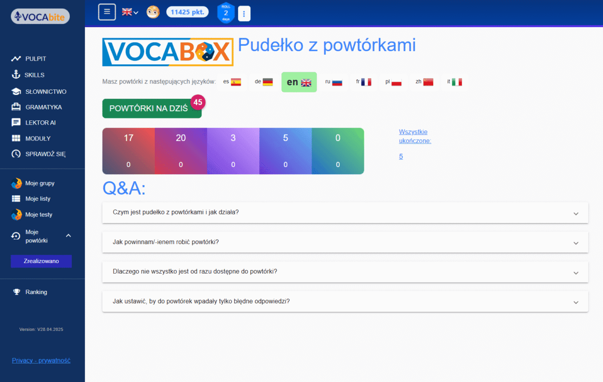 Zrzut ekranu systemu powtórek Vocabox w VOCAbite.