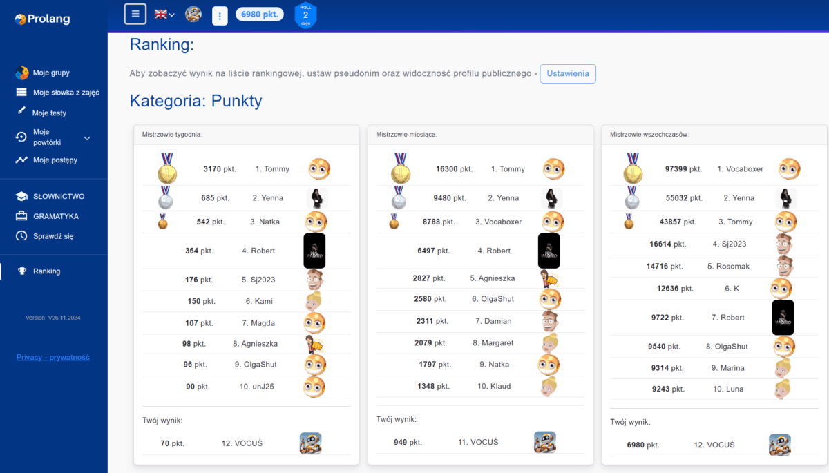 Zrzut ekranu rankingu i elementów grywalizacji na platformie VOCAbite.