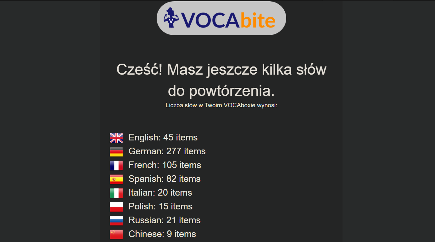 Zrzut ekranu systemu powiadomień w VOCAbite.